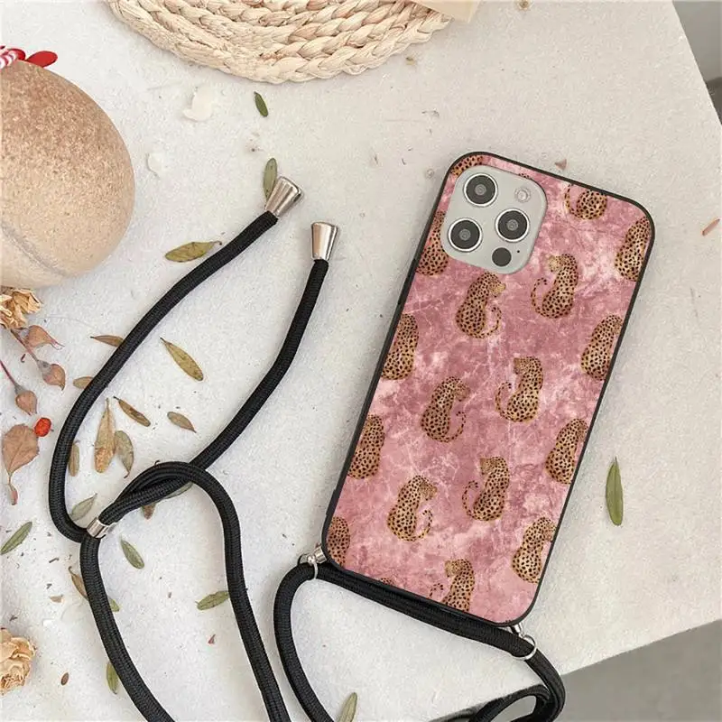 

leopard print sexy pink pattern Phone Case For iPhone 7 8 11 12 X XS XR MINI Pro Max Plus Strap Cord Chain Lanyard soft