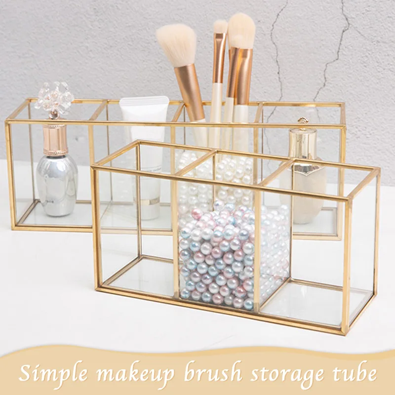 

Grid Glass Storage Box Simple Luxury Modern Cosmetics Display Case Organizer for Stationery Pen Brush L9