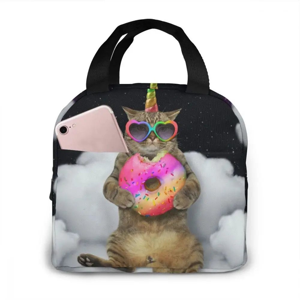 

Cat Unicorn In Sunglasses With Donut Lunch Bag Portable Insulated Thermal Cooler Bento Lunch Box Tote Picnic Storage Bag Pouch