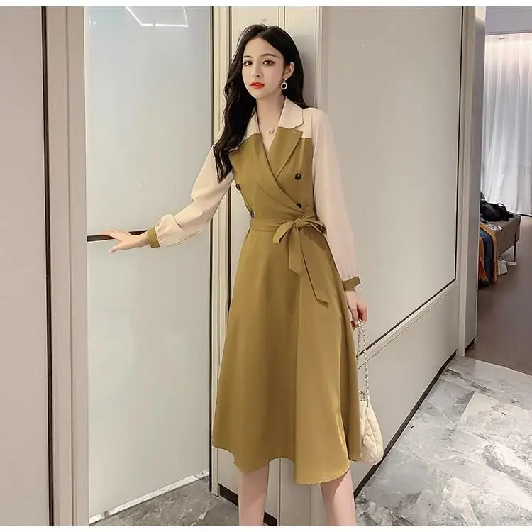 Элегантное женское платье с поясом зубчатый воротник длинный рукав высокая