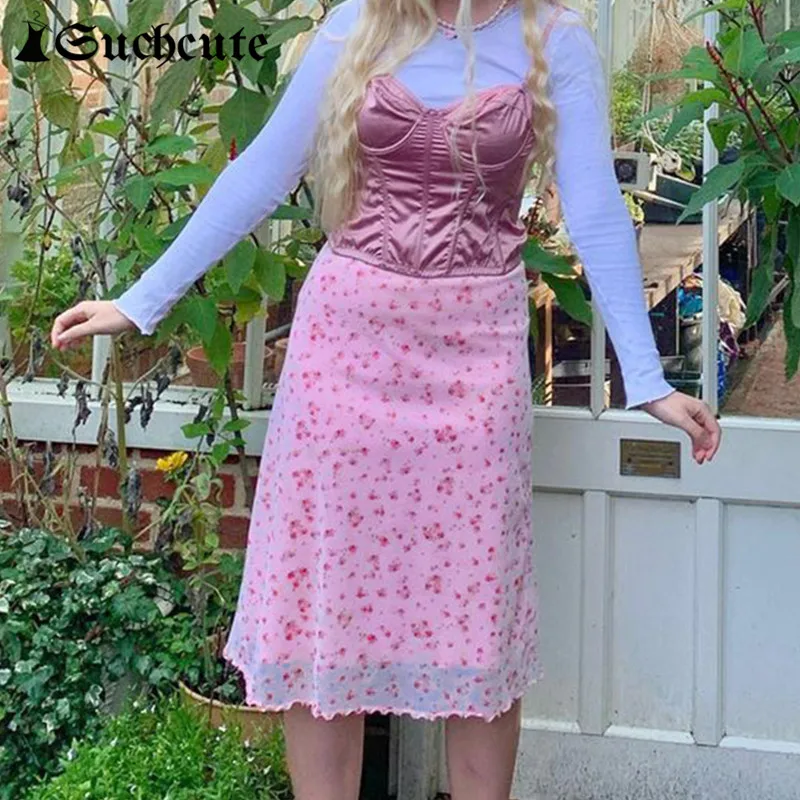 

SUCHCUTE Pink Cute Flower Print Long Skirt For Women High Waist Streetwear Aesthetic Mesh Midi Skirts 2021 New Fashion