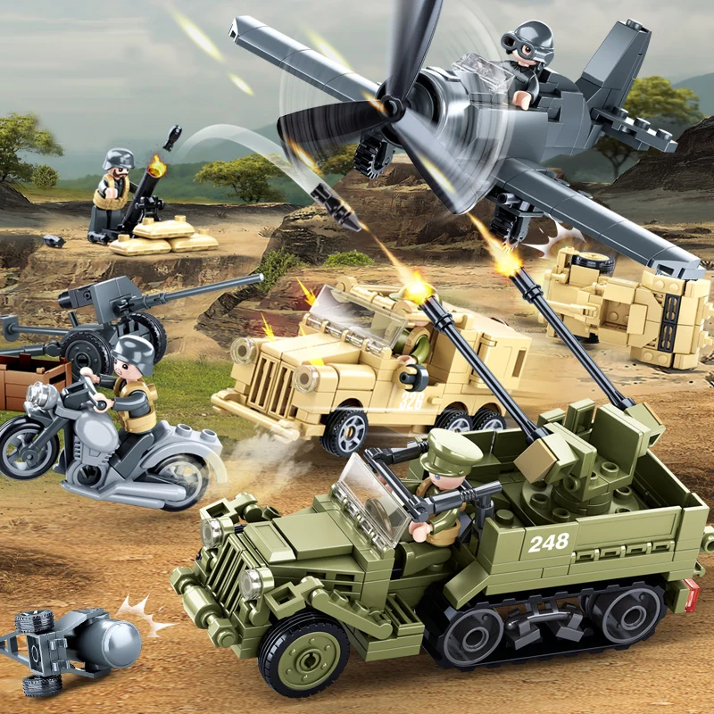 

WW2 Military Series Aircraft Plane Fighter Army Tank Armored Car Cannon Tractor Mortar Model Building Block Toys for Children