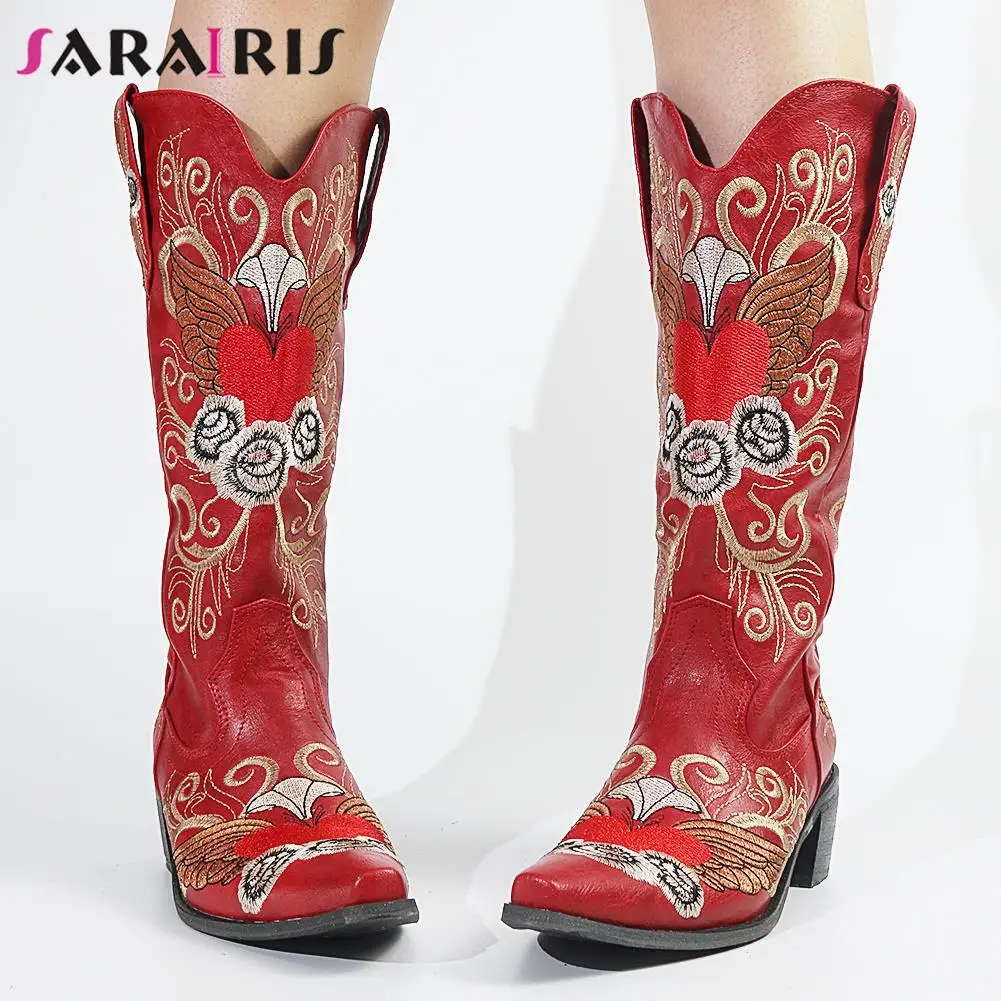 

SaraIris Big Size 43 Solid Embroidery Chunky Heel non-slip Cowboy Cowgirl Western Boots Rome Casual Designer Women Riding Boots