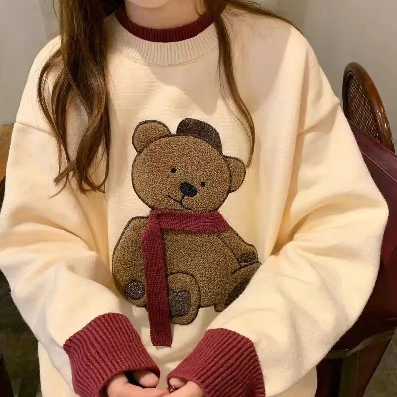 

New Japanese Preppy Style Women's Knitwear Contrast Color Little Bear 3D Pattern Lovely Sweater For Lady Loose Lazy Fashion Tops