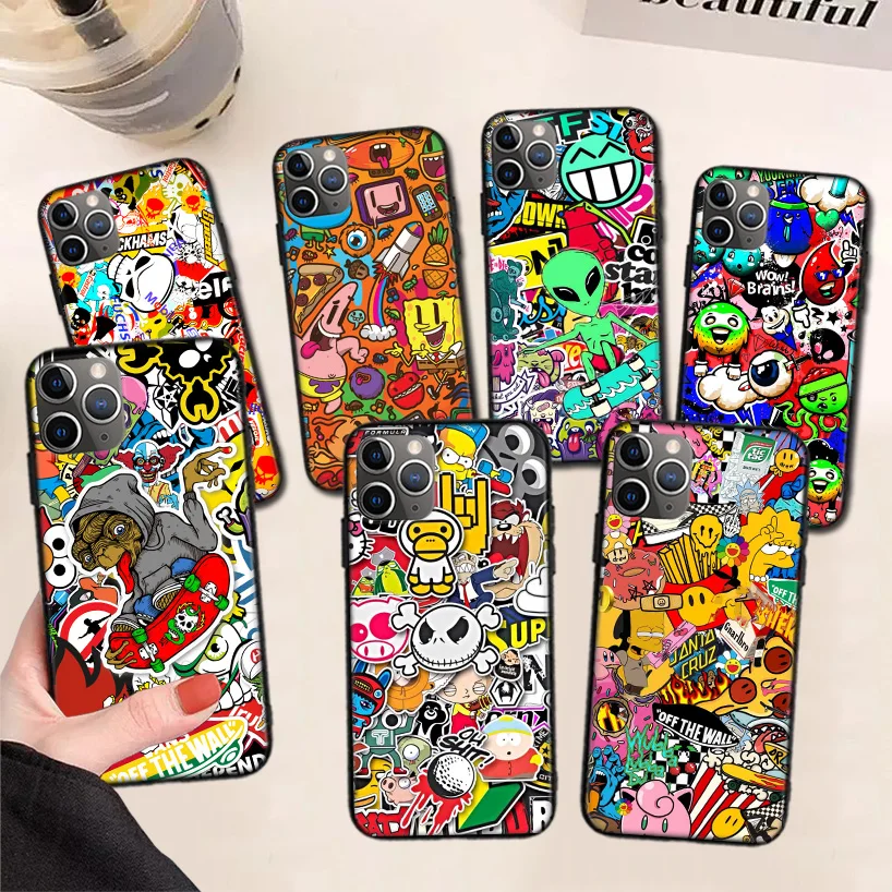 

Anime Graffiti Sticker Cool Black Phone Case For Apple iPhone 11 Pro Max 13 12 Mini X XS XR 7 Plus 6 6S 8 SE 5S Pattern Casing C