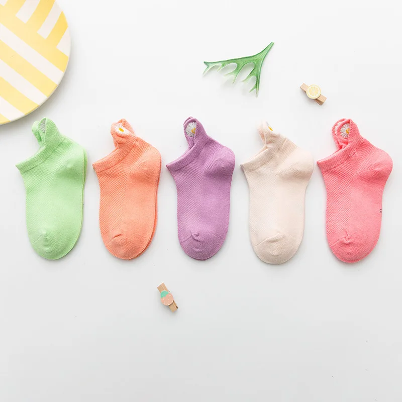 Calcetines de malla con bordado de margaritas para ni&ntilde;os, medias de algod&oacute;n suave y transpirable, 5 par/lote-1