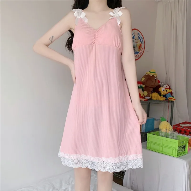 Sexy Pure Cotton Sleepwear Women V Neck Lace Stitching Nightdress Comfort Backless Nightgown Sling Dress Soft Home Loungewear