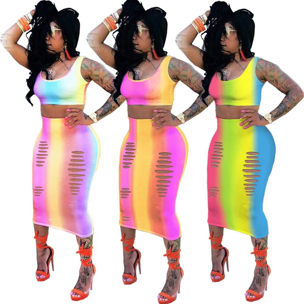 

Ursuper Cross Border Supply Women's Clothing Rainbow Gradient Color Sexy Burnt out Vest Skirt Two Piece Set