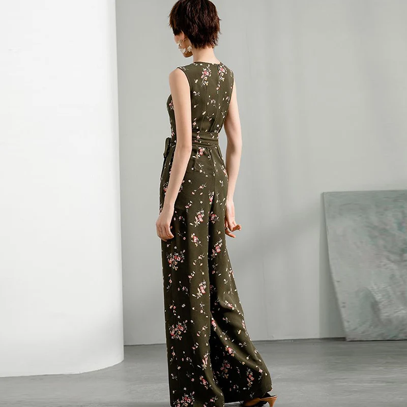 2020 Women Summer Jumpsuit Party High Street Chiffon Elegant Wide Leg Print Floral Rompers with Sashes Plus Size 3XL 4XL