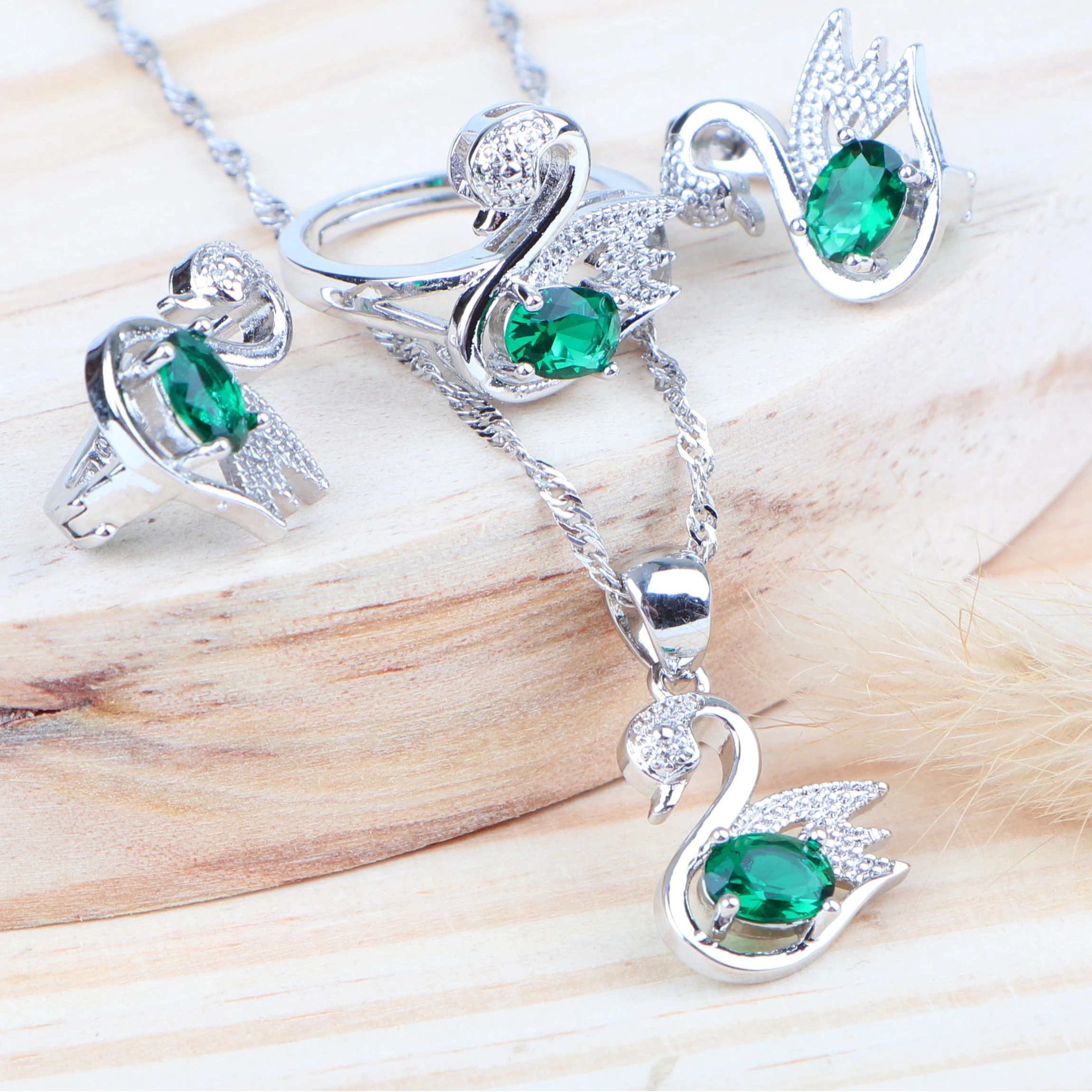 Зеленый Цирконий Серебро 925 Свадебные Ювелирные наборы для женщин Свадебное