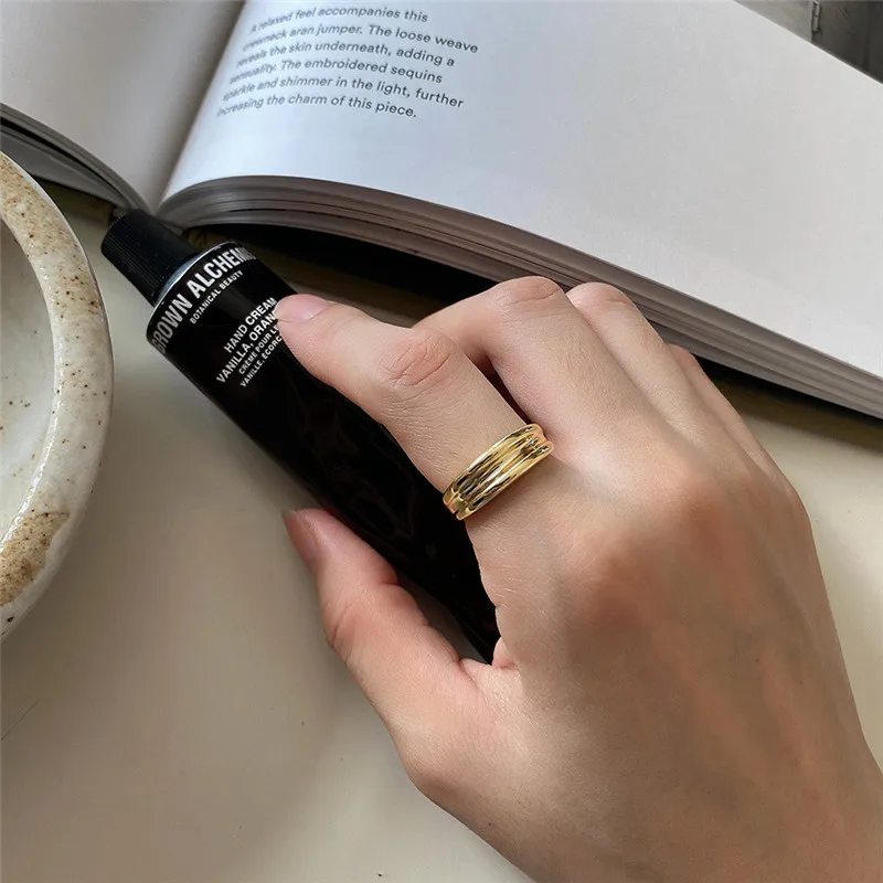 

POFUNUO Real 925 Sterling Silver Original personalized design Women Line Ring Girls Stylish 18K Gold Niche Rings Crescent Rings