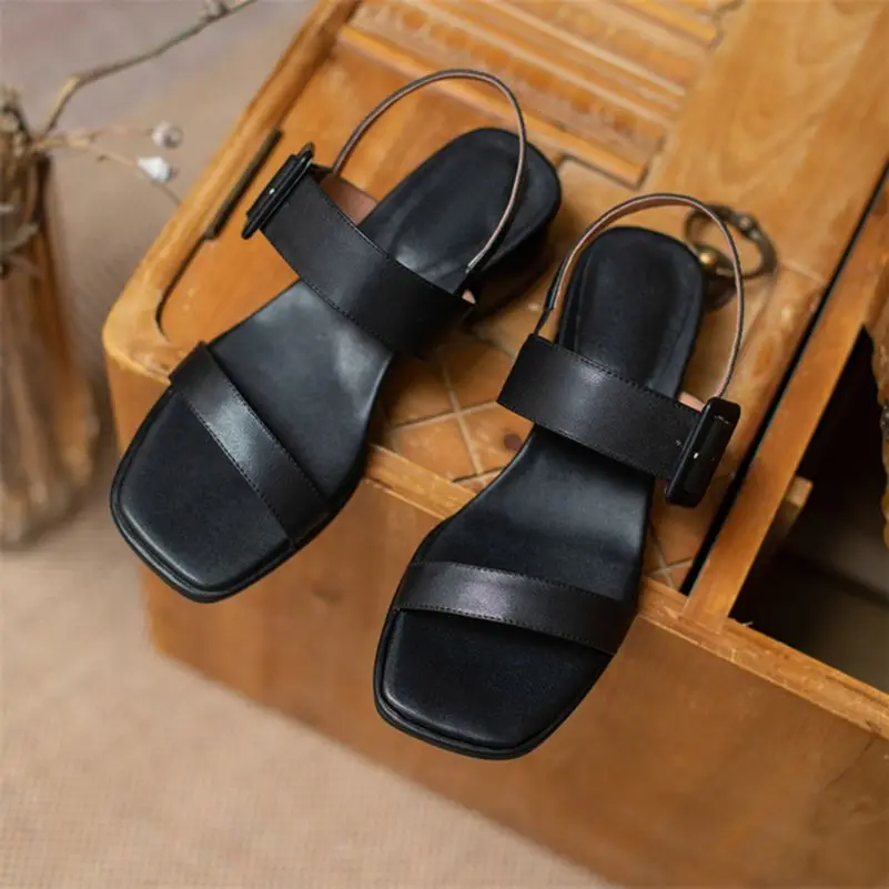 

Meotina Women Sandals Genuine Leather Sandals Shoes Square Toe Thick Heel Sandals Summer Buckle Strap Ladies Footwear Apricot 40