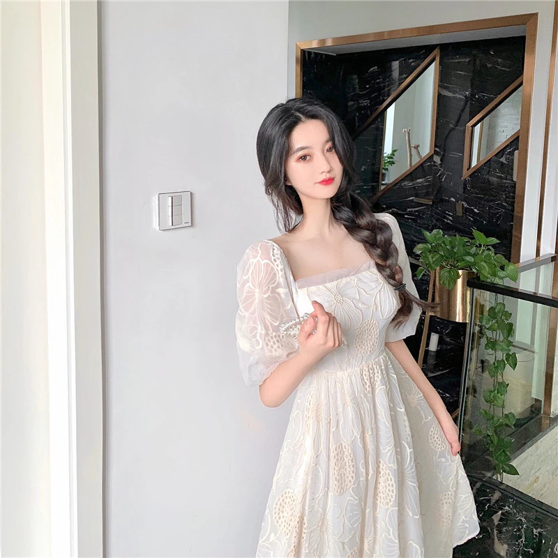 

New Fashion Women White Long Dress Short Sleeve Lace Patchwork Pleated Tutu Dress Sexy Wedding Party Dress Y722