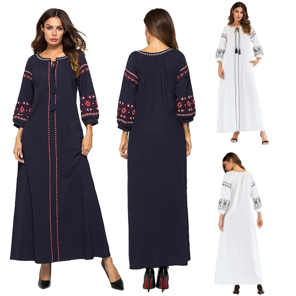 Женское мусульманское платье Кафтан Abaya с длинными рукавами и вышивкой большого