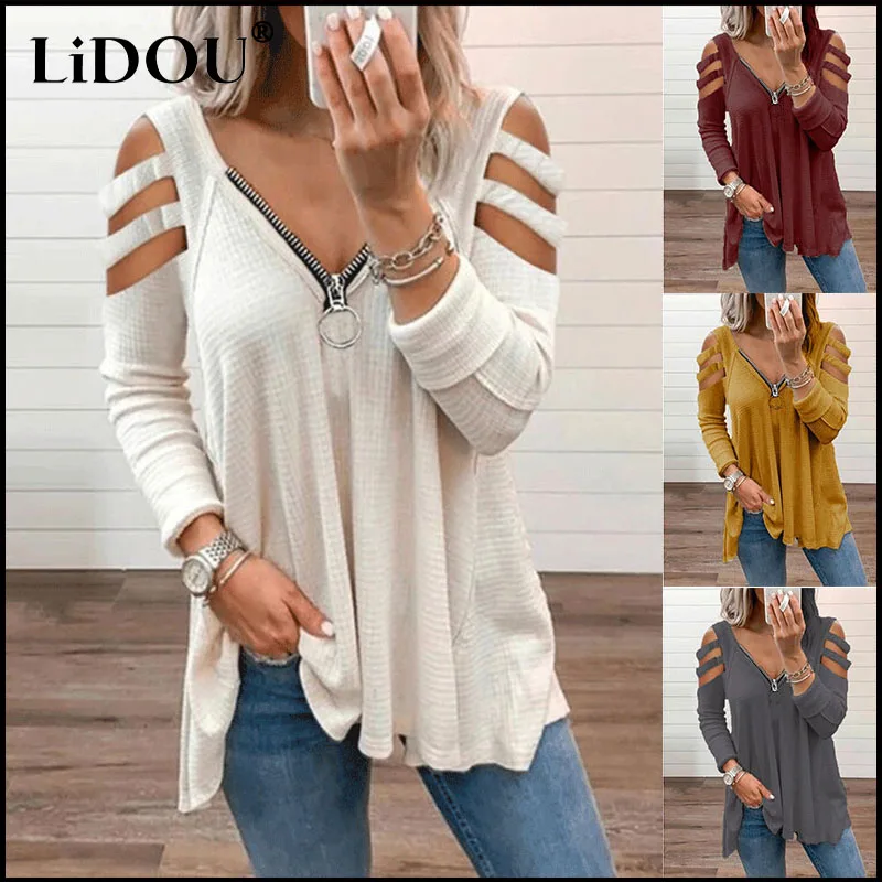 

Femme Sexy Hollow-Out Lady Fashion Tops Women Casual Clothes Pullover Long Sleeve V-neck Loose Tshirts Zipper Oversized T-Shirt