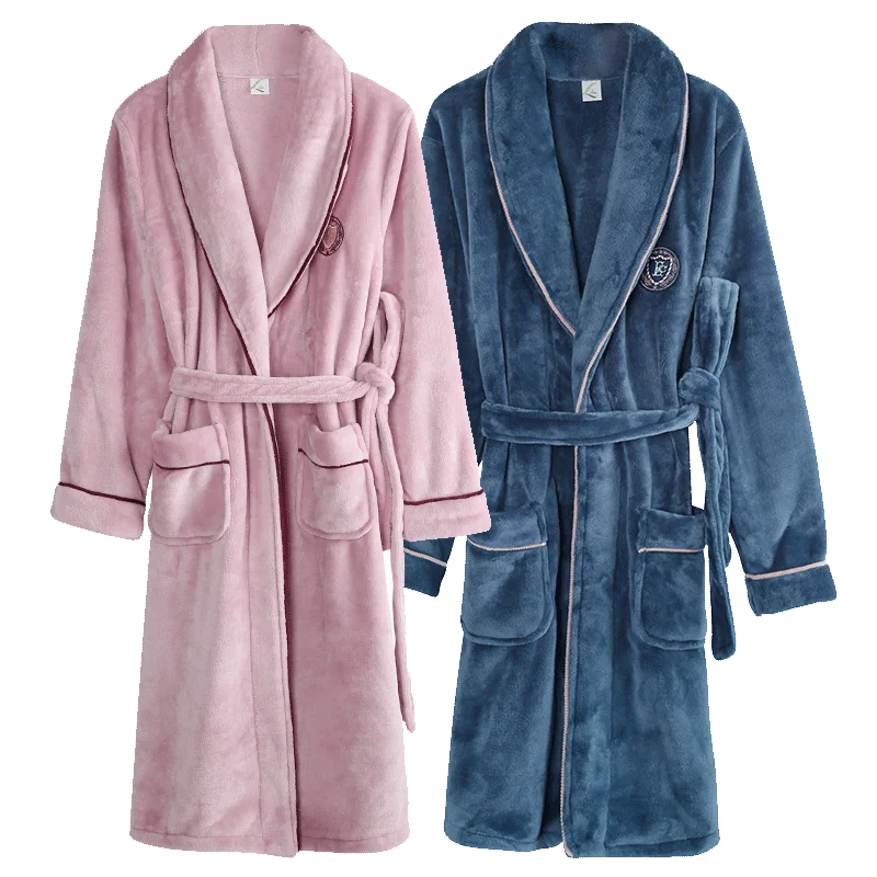 Банный халат мужской длинный фланелевый Халат-кимоно с поясом синим значком