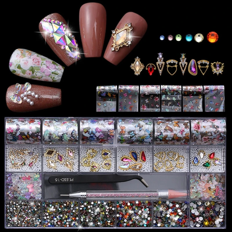 

Q1FB 21 ячейка стеклянные украшения для дизайна ногтей разные формы с двойным концом точечные детали набор для ногтей украшения маникюрные на...