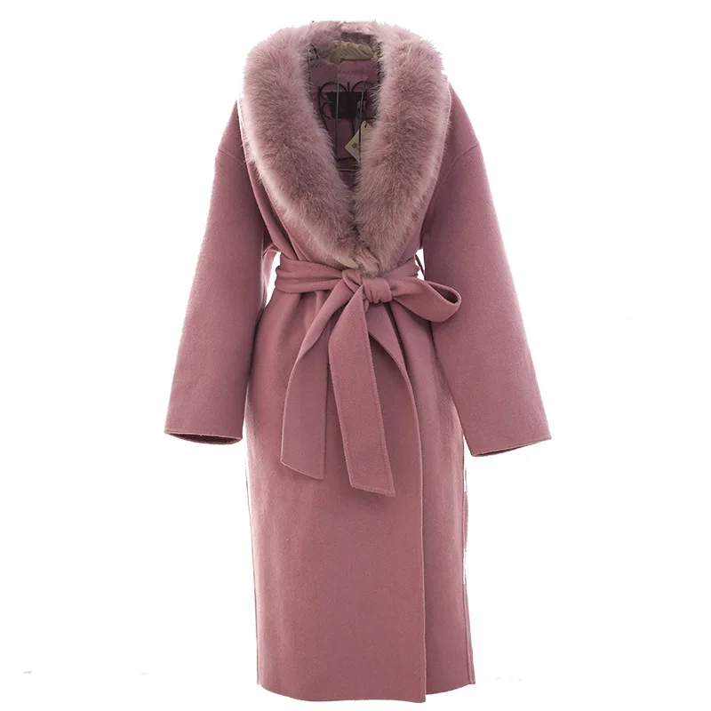 

2021 Autumn Winter Wool Coat Women Long Slim Double Sided Trench Coats Female Real Fox Fur Collar Overcoat Abrigos Mujer LX2609