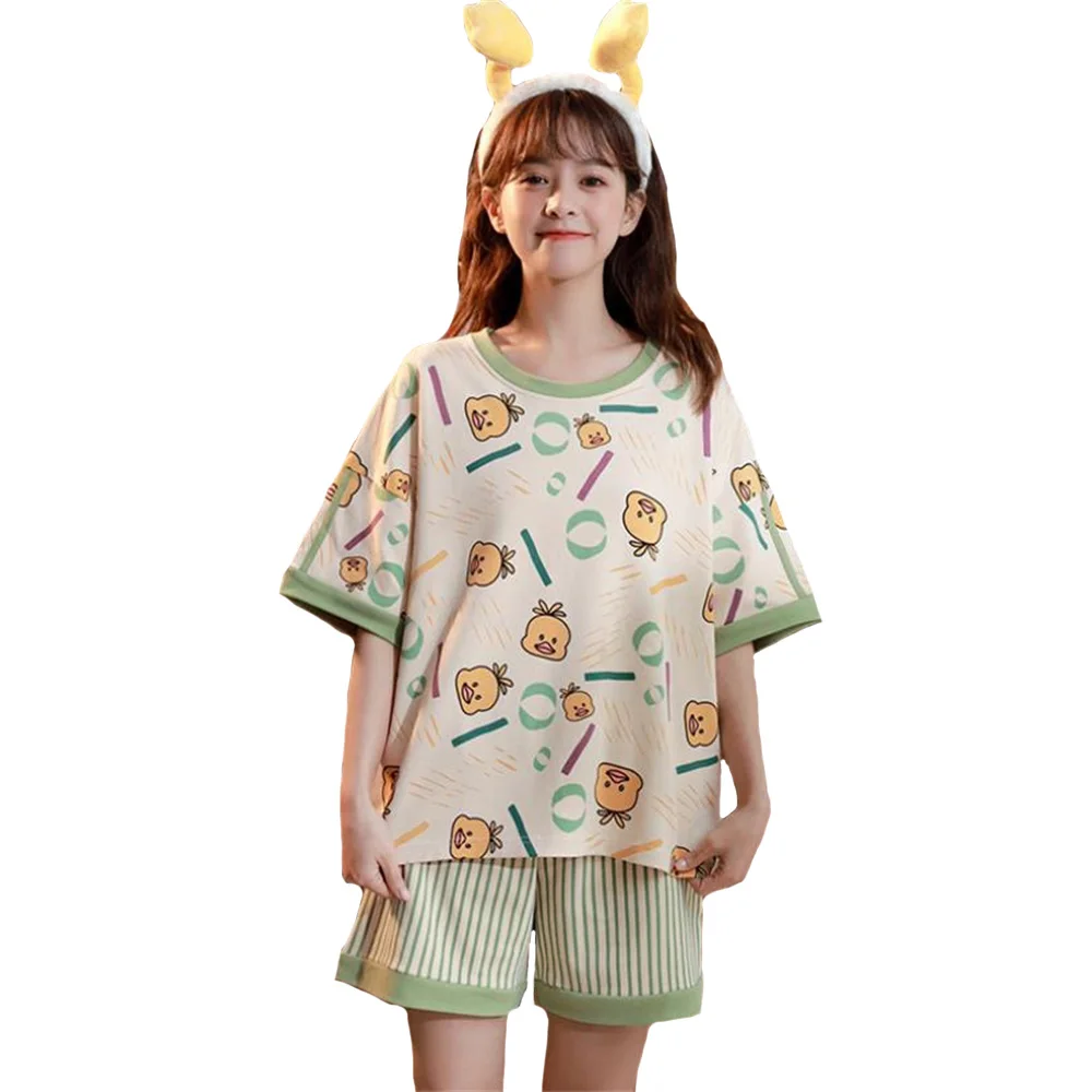 

Women Pajamas Sets Cartoon Print Nightwear Summer Ladies O-Neck Cotton Short Sleeve Sleepwear New Casual Cosy Girls Home Suits