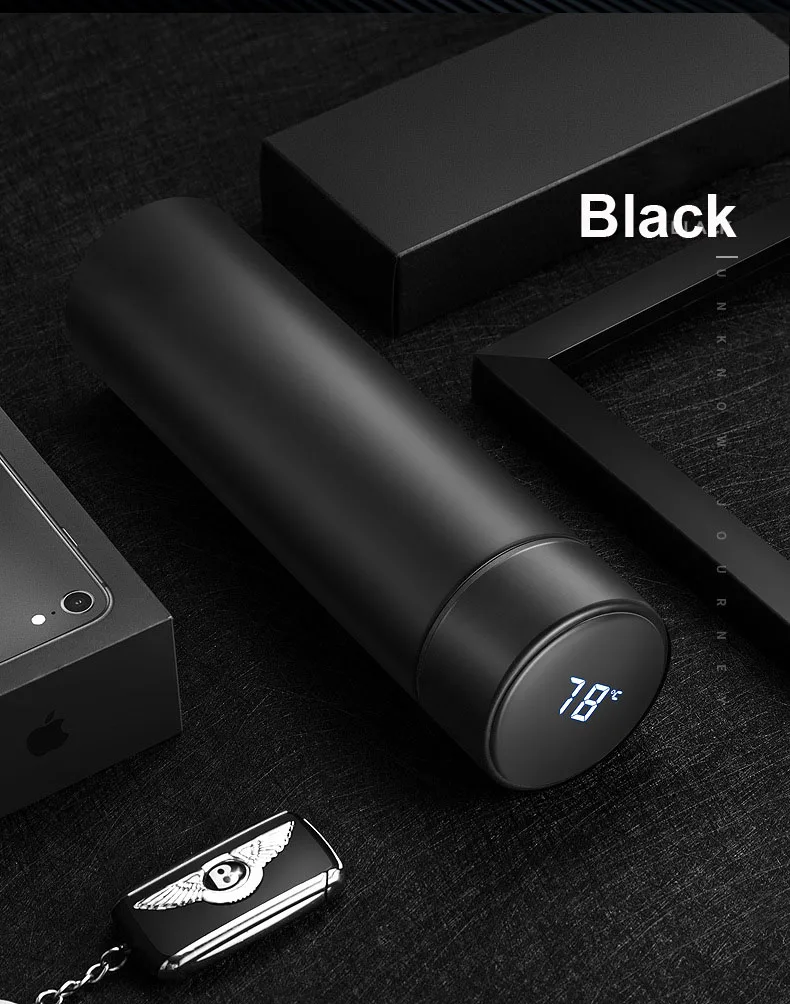 Black Интеллектуальный термос-колба с вакуумной изоляцией, бутылка для воды с дисплеем температуры, стакан из нержавеющей стали, термос, 480 мл, кофейная кружка - Цвет: Black