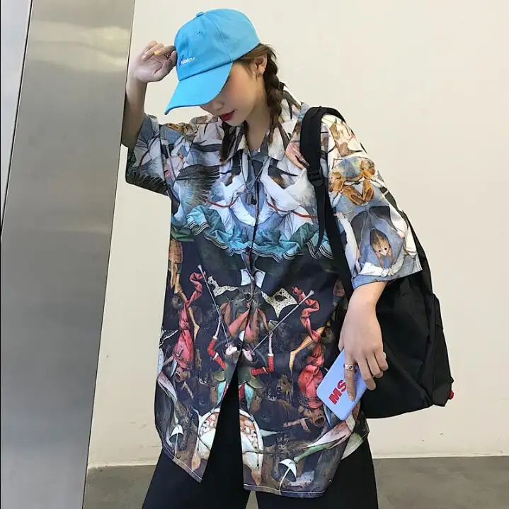 

Loose Ins Vintage Printed Short Sleeve Shirt Women's Summer Shirts Kawaii Retro Lovely Female Harajuku Chic Japan Top For Women