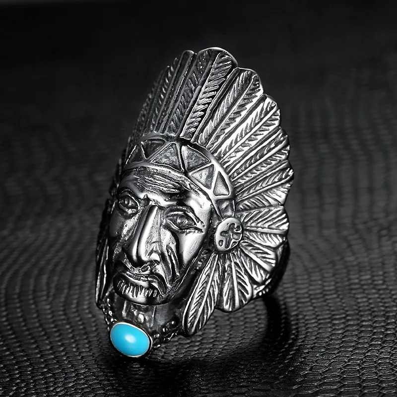 

Megin D Vintage Personality Indian Chief Feather Turquoise Titanium Steel Men's Rings for Men Lover Friend Fashion Gift Jewelry