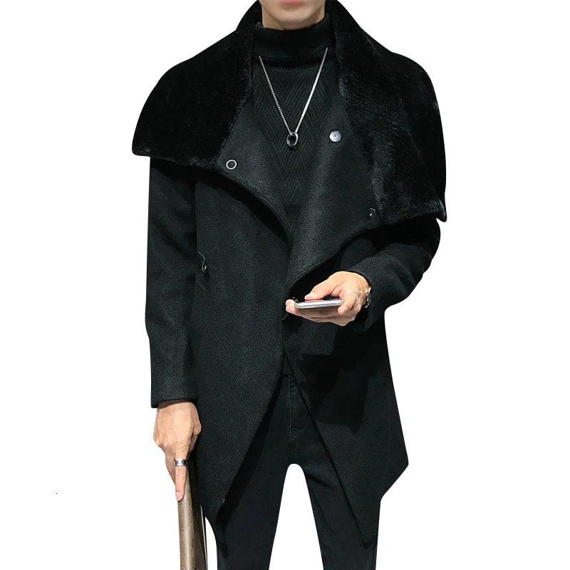 Зимнее шерстяное пальто мужской теплый плащ-манто с меховым воротником мужское