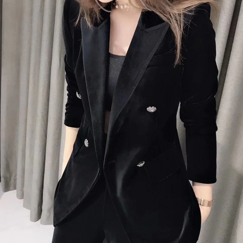 Autumn Spring Women Velvet Suit Jacket Blazer Office Ladies Outfits Elastic Waist Long Wide Leg Pants Suit Business Work Sets