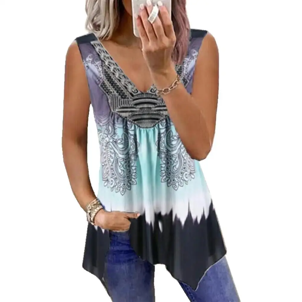 

Tank Tops V-neck Printed Sleeveless Vest Casual Loose 2021 Summer Woman Clothing FashionWomen Sexy Style Tops Online