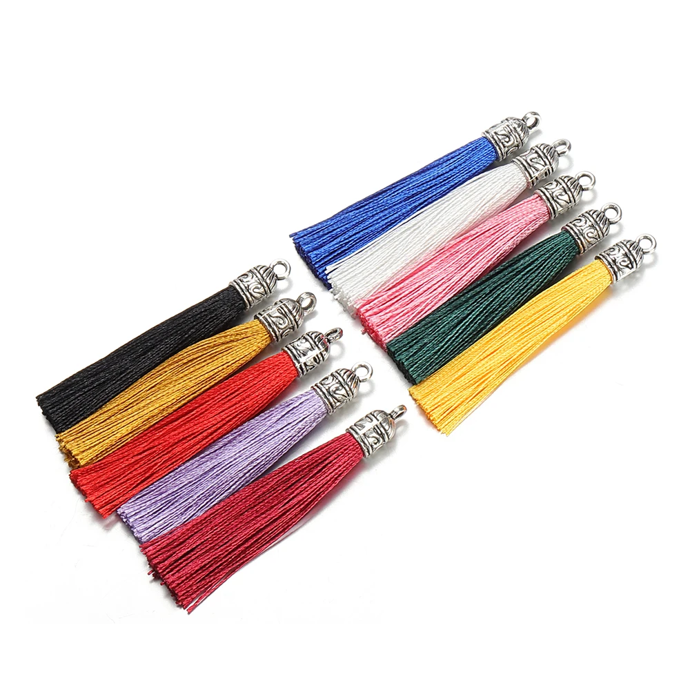 

10pcs/lot 6cm Silk Tassel with Silver Caps Decorative Tassels Pendants DIY Earring Charm for Jewelry Making Hangling Accessories