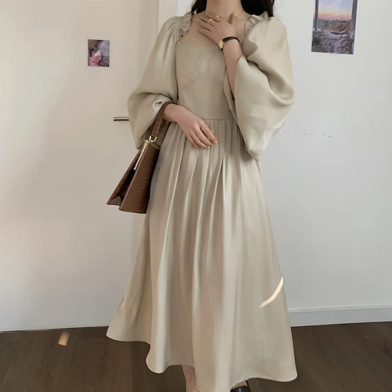

2021 Spring New Women French Retro Dress Loose Gentle Square Colloar Puff Sleeves Elegant Long Chic Female Fashion