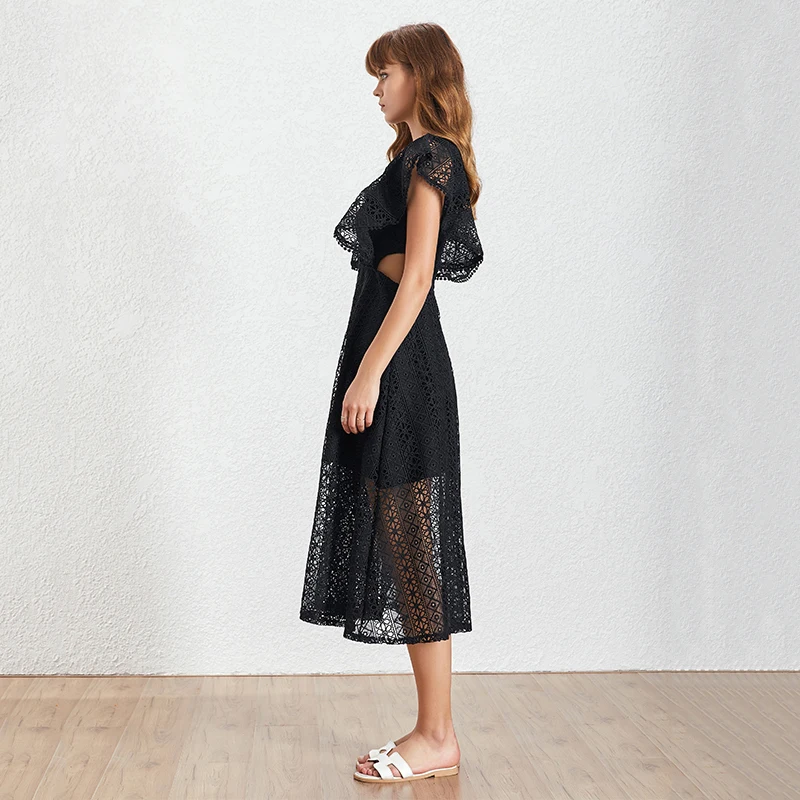 

TWOTWINSTYLE Patchwork Lace Dress For Women O Neck Sleeveless High Waist Hollow Out Dresses Female Fashion 2021 Summer Spring