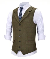 mens vintage plaid vest wool tweed suit vest notch lapel waistcoat groomsmen for wedding