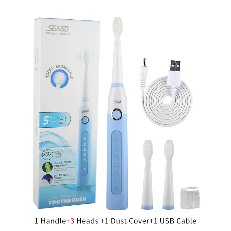 Blue1 SEAGO электрическая зубная щетка перезаряжаемая купить один получить 1 бесплатно звуковая дорожная зубная щетка сменная отбеливающая головка Лучший Здоровый подарок - Цвет: Blue1