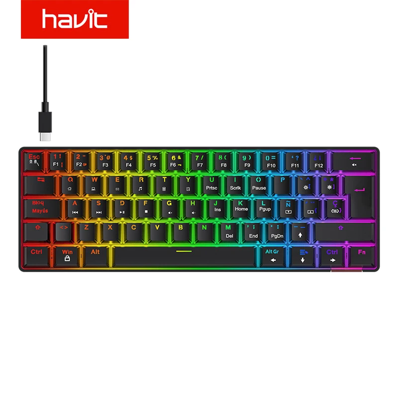 Havit мини механическая клавиатура игровая Проводная тип-c USB 63 клавиши Led с