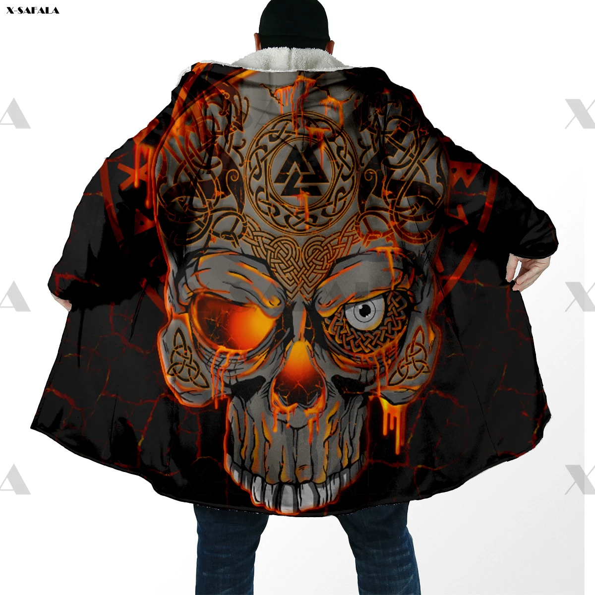 

Lava Skull Viking Burnt Latest Innovation Clothes Print Streetwear Male Hoodie Long Coat Hooded Cloak Cashmere Fleece