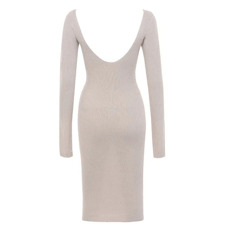 

2021 Summer New Women Long Sleeve Bandage Dress Sexy Deep V Bodycon Solid Color Knee length Dress Celebrity Club Party Vestidos