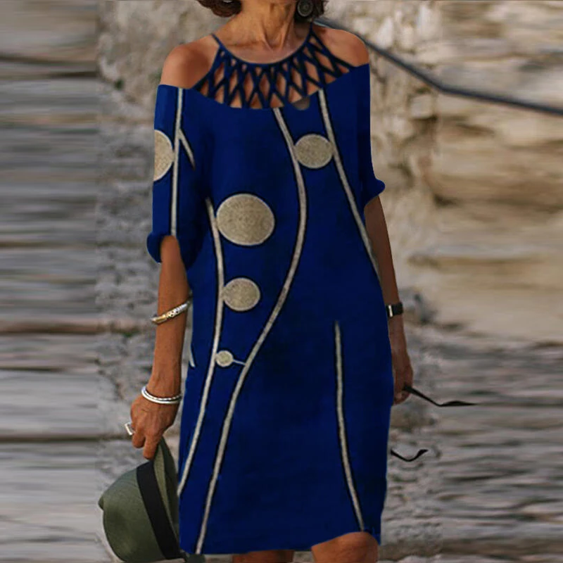 

Elegant Women Off Shoulder Hollow Out Party Dress Vintage O Neck Dot Print Half Sleeve Lady Dress Summer Casual Dress Vestidos