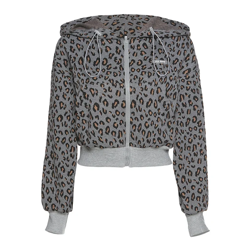 

Leopard Print Zip-up Cropped Coats Women Autumn Casual Short Sweatshirts Fashion Slim Cardigan Jacket Female New