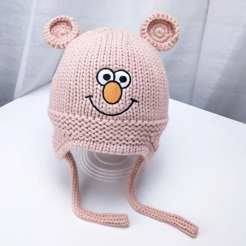 light pink Зимняя Шапка-бини для детей Детские теплые наушники шапки для мальчиков и девочек Милая шапка с вышивкой Skullies Beanies вязаная теплая шапка s - Цвет: light pink