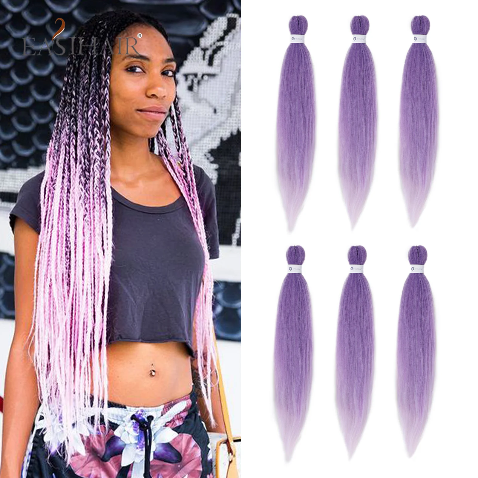 

EASIHAIR 6pcs Purple Ombre Color 26inch Long Straight Synthetic Hair Extensions Jumbo Braiding in Wholesale Twist Braid Hair