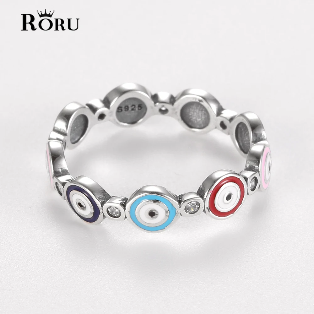 

RORU 925 Sterling Silver 100% Cute Guardian Eye Ring Colorful Enamel Finger Ring for Women Men Fashion Silver Jewelry Gift 2021