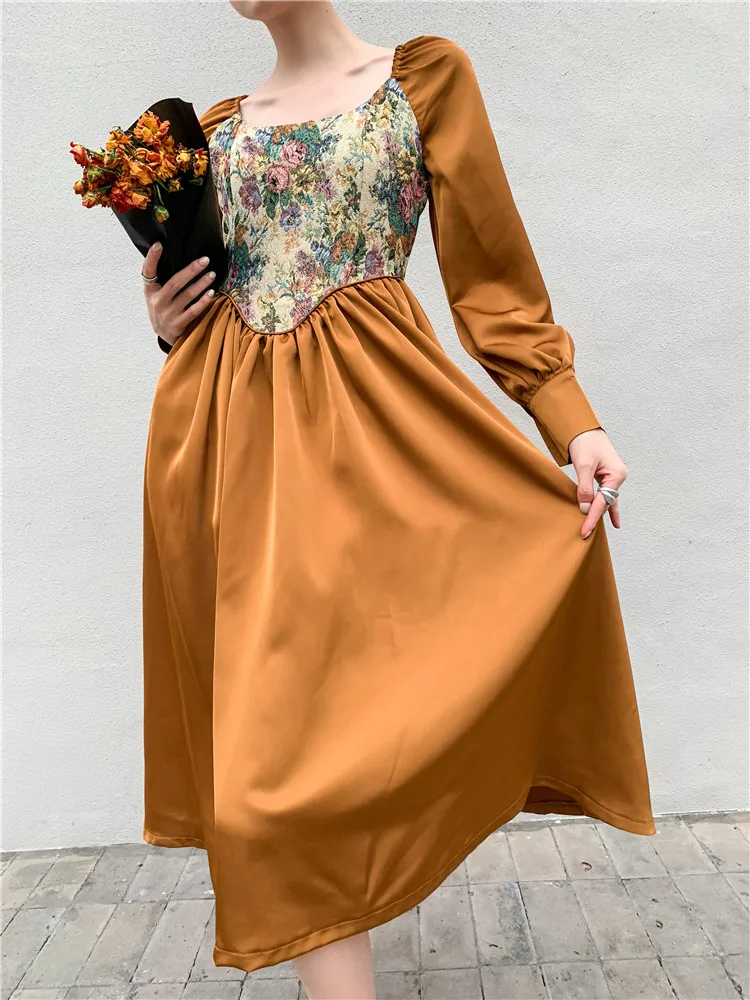 CHEERART Vintage Jacquard Long Sleeve Tunic Dress Women Autumn A Line Square Neck Floral Midi Ladies Gold | Женская одежда
