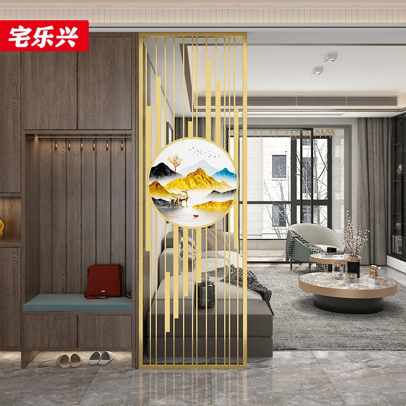 

Luxury stainless steel wrought iron screen partition living room simple modern new Chinese entrance porch lattice decoration hol