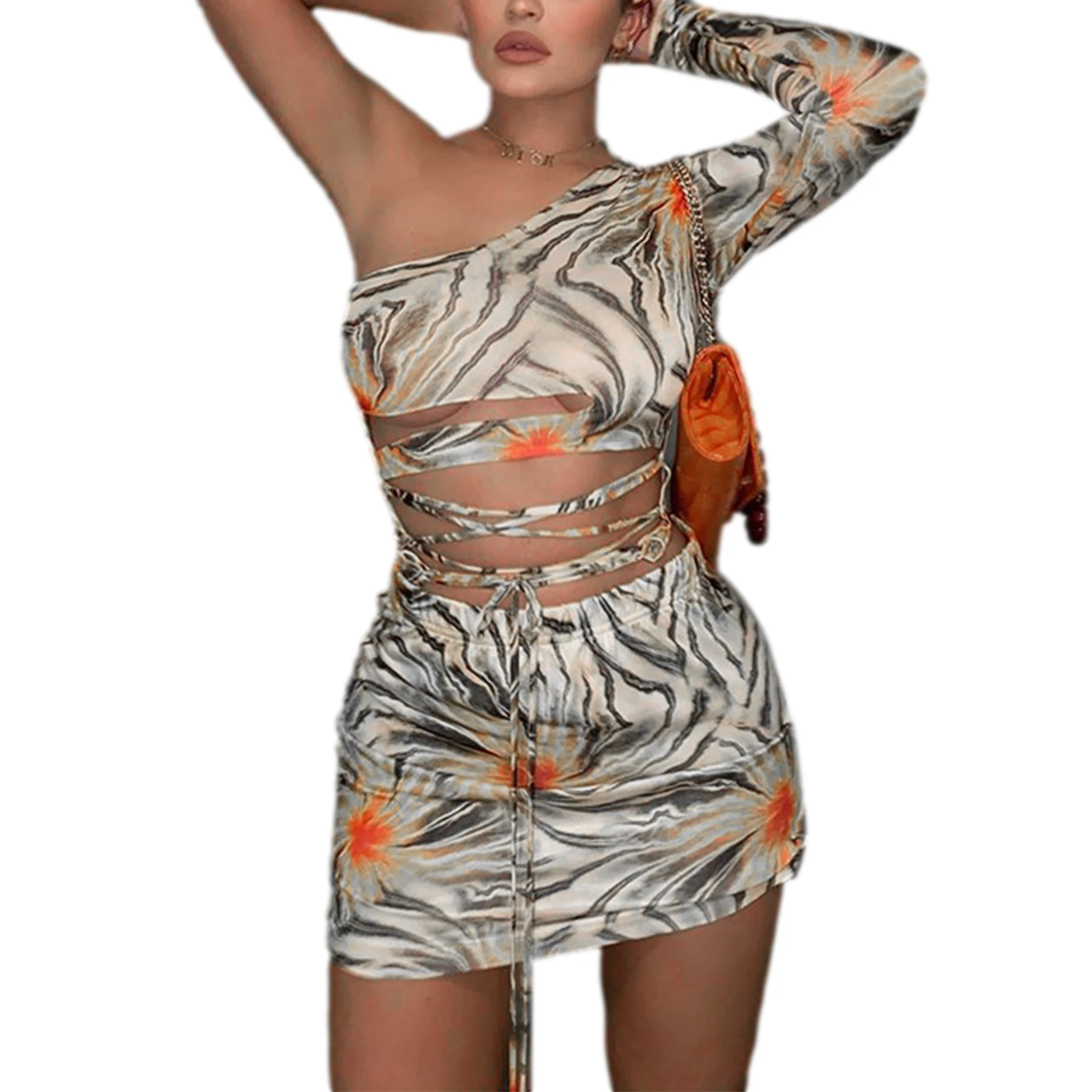 

Autumn Women Sexy Skinny Bodycon Ladies Close-fitting Oblique Shoulder Floral Printed Pattern Tie-up Party Mini Slim Dresses