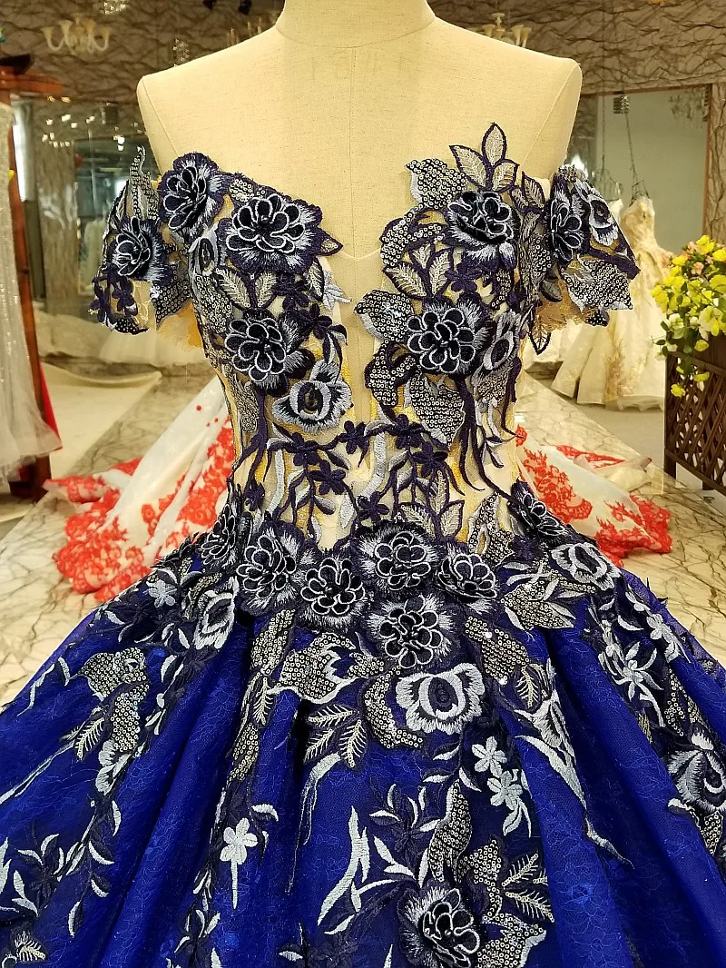 

BGW HT32810 Lace Flowers Blue Beauty Evening Dress Sweetheart Off Shoulder Lace Up Back Party Dress With Train Quick Shipping