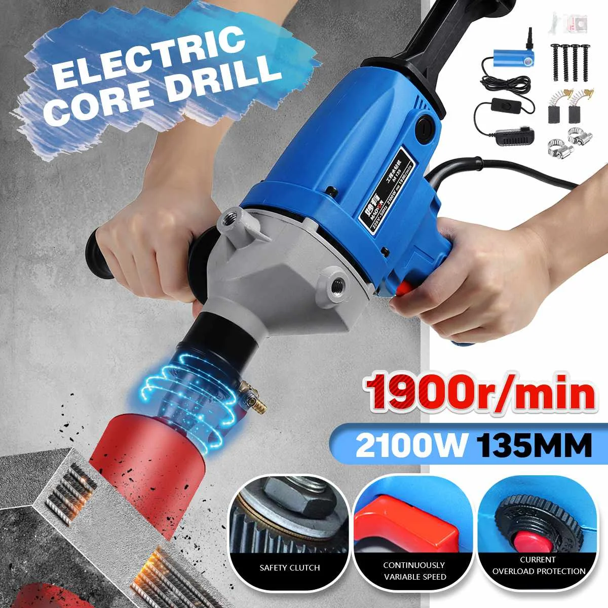 

2100W 220V 118mm Diamond Core Drill Wet Handheld Concrete Core Drilling Machine with Water Pump Accessories Power Tools