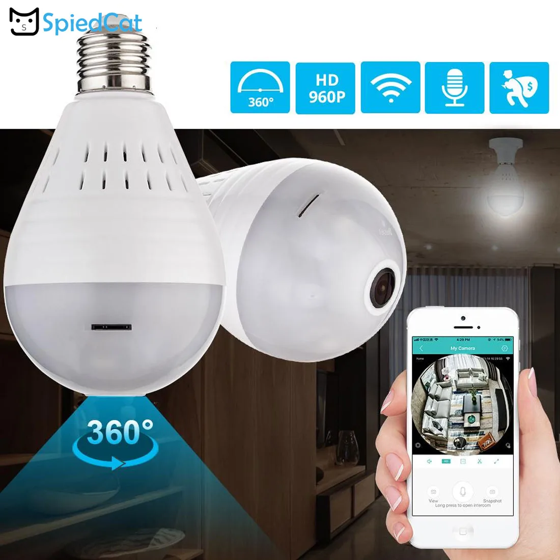 360 градусов панорамный объектив рыбий глаз E27 лампа камера P2P Wifi Беспроводная IP