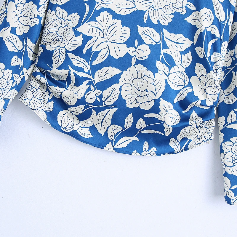 

2021 Spring Summer Round Neck Long Sleeve Pleated Design Shirt Women's Casual Flower Print Tshirt