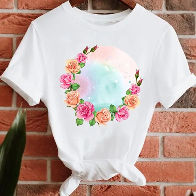 

Women Lady Flower Watercolor New 90s Tee Fashion T-shirts Print Summer Clothes Female Short Sleeve Tshirt Top Graphic T-Shirt